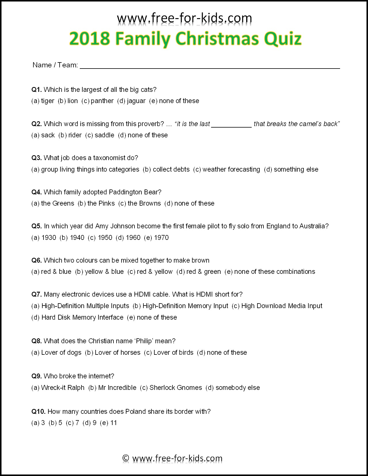 Family Quiz Questions And Answers Printable