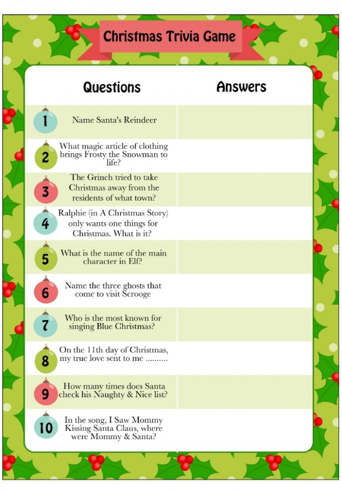 Free Printable Christmas Trivia Questions For Adults