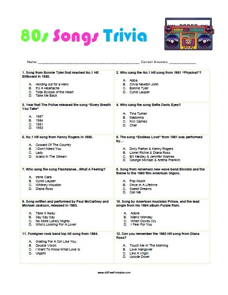 Free Printable 80s Songs Trivia Free Printable 80s Songs Trivia Quiz 