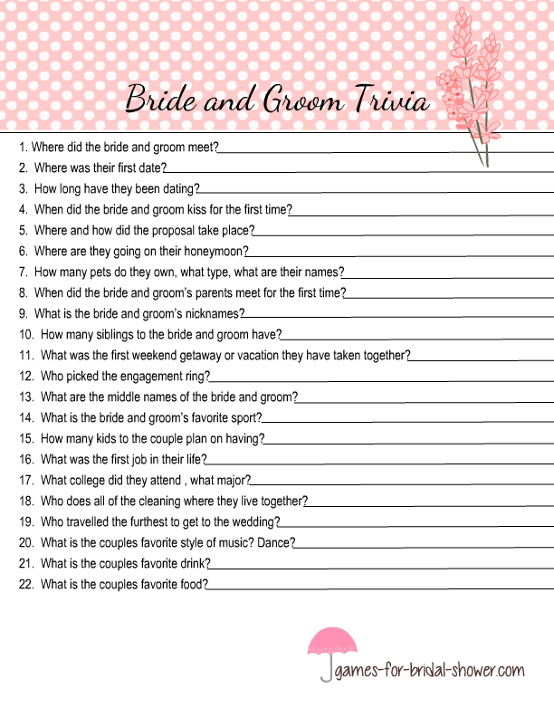 Free Printable Bride And Groom Trivia Quiz