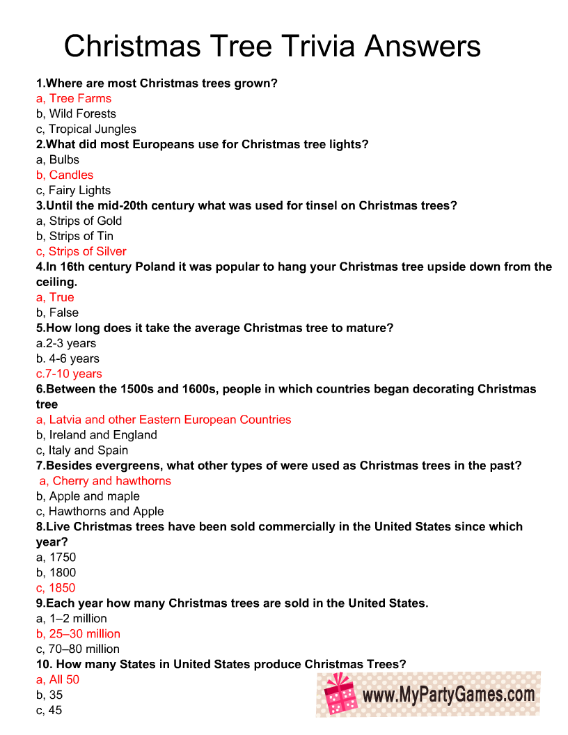 Christmas Trivia Game Answers