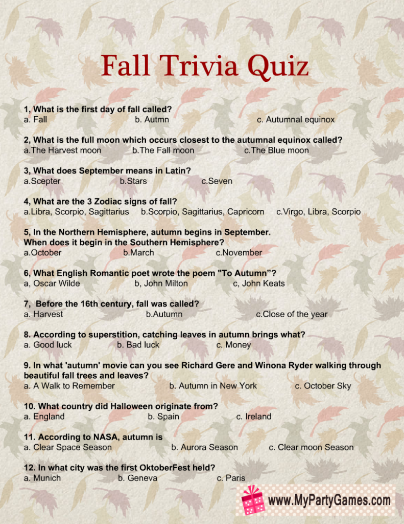 Fall Trivia Questions And Answers Printable