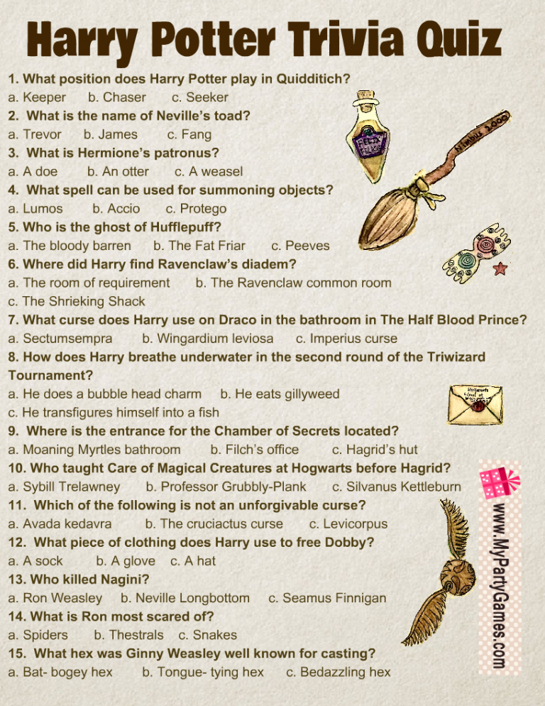 Free Printable Harry Potter Trivia Quiz With Answer Key