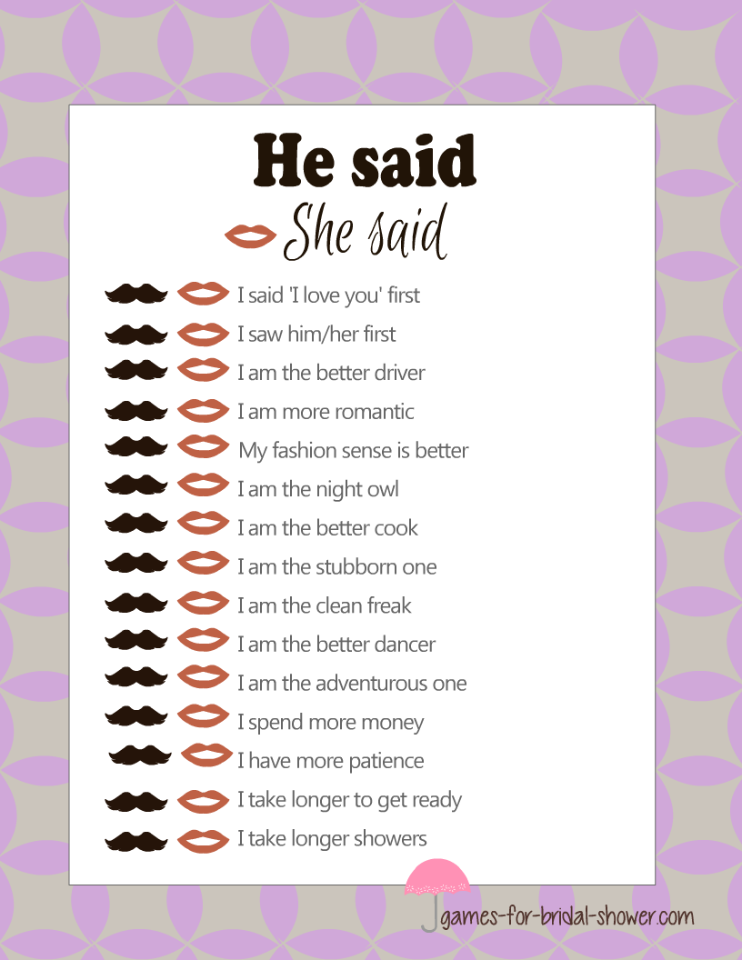 Free Printable He Said She Said Bridal Shower Game