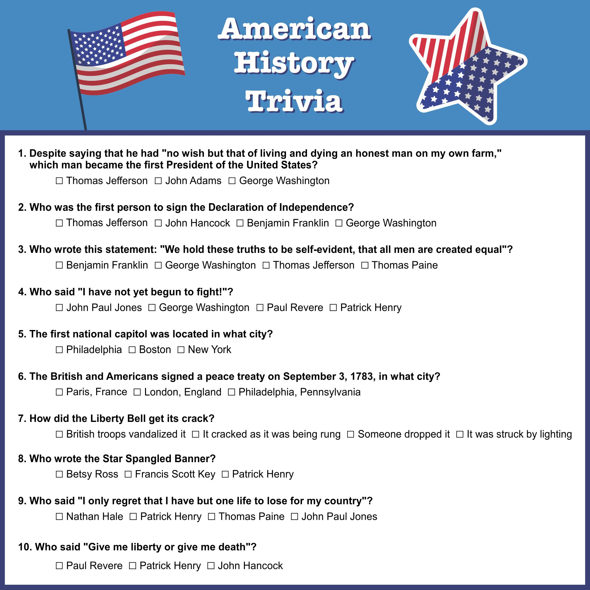 Free Printable Quizzes And Answers Easy History Trivia Questions And 