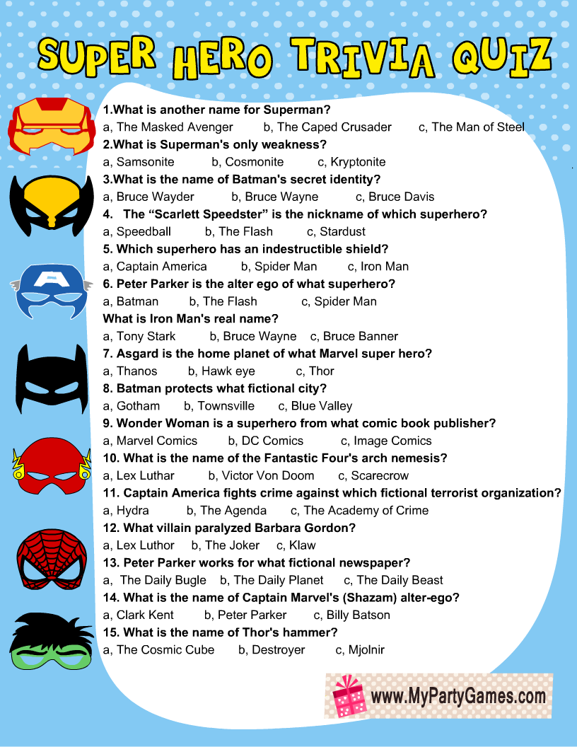 Free Printable Superhero Trivia Quiz