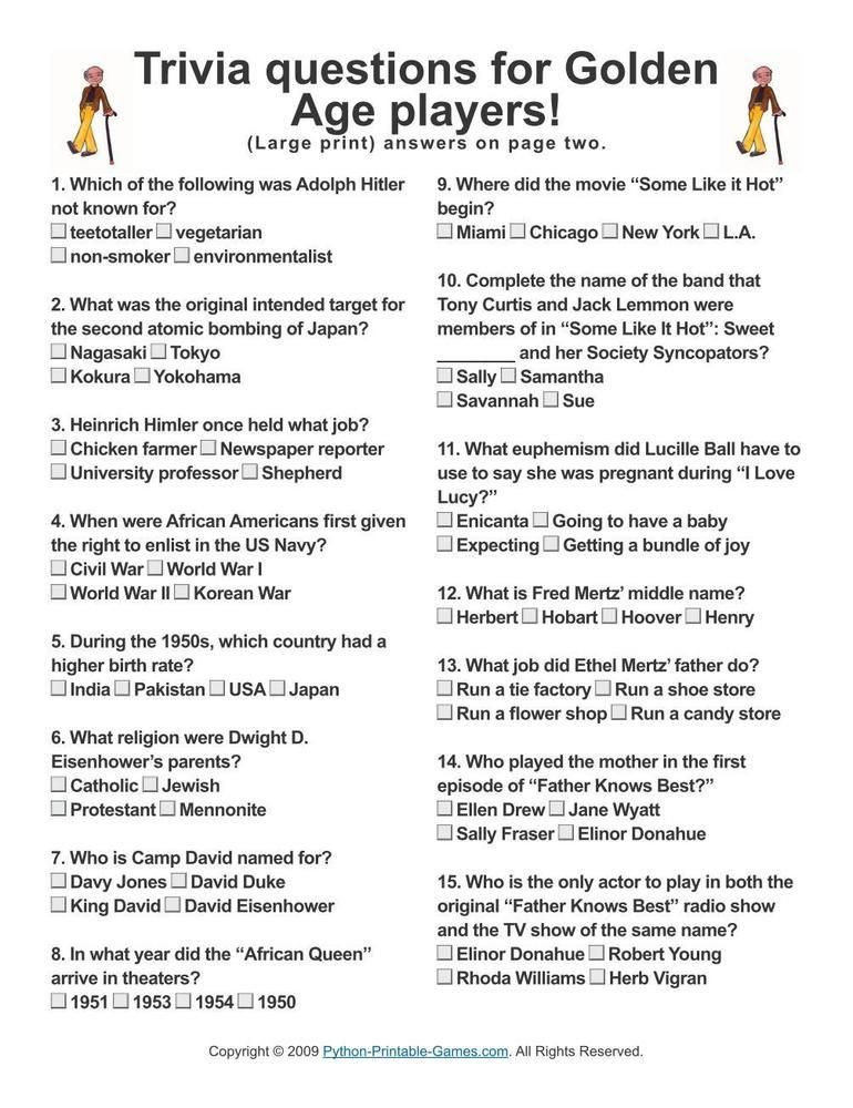 Free Printable Trivia Questions And Answers For Seniors