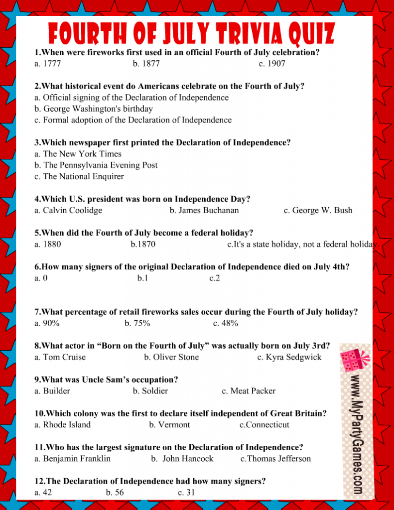 Free Printable USA Independence Day Trivia Quiz