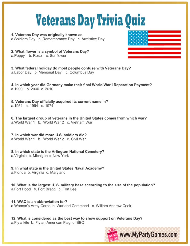 Free Printable Veterans Day Trivia Quiz With Answer Key