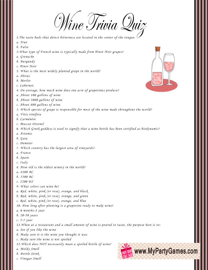 Free Printable Wine Trivia Quiz With Answer Key