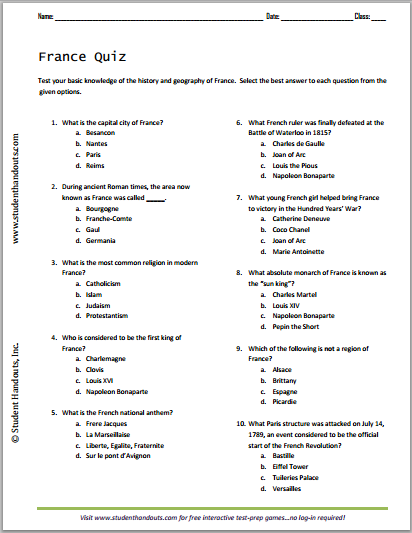 French History And Geography Quiz Student Handouts