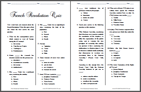 French Revolution Pop Quiz Free To Print Student Handouts