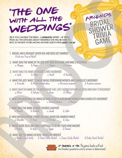 FRIENDS TV Show Trivia Bridal Shower Game FRIENDS Trivia Quiz 