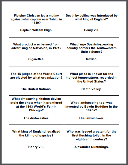General Trivia Game Question Cards Student Handouts