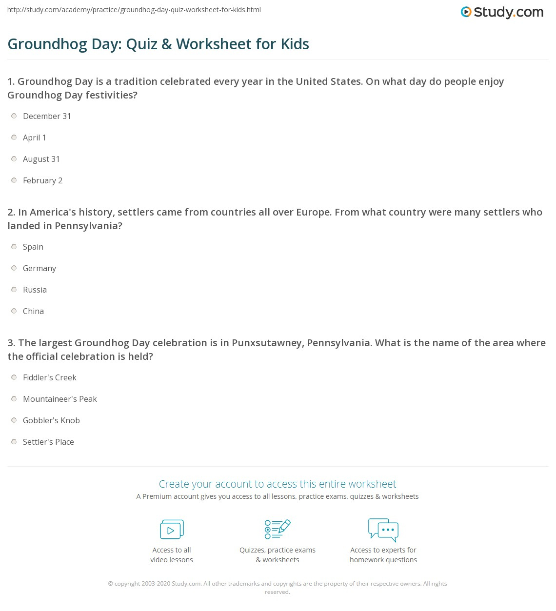 Groundhog Day Quiz Worksheet For Kids Study