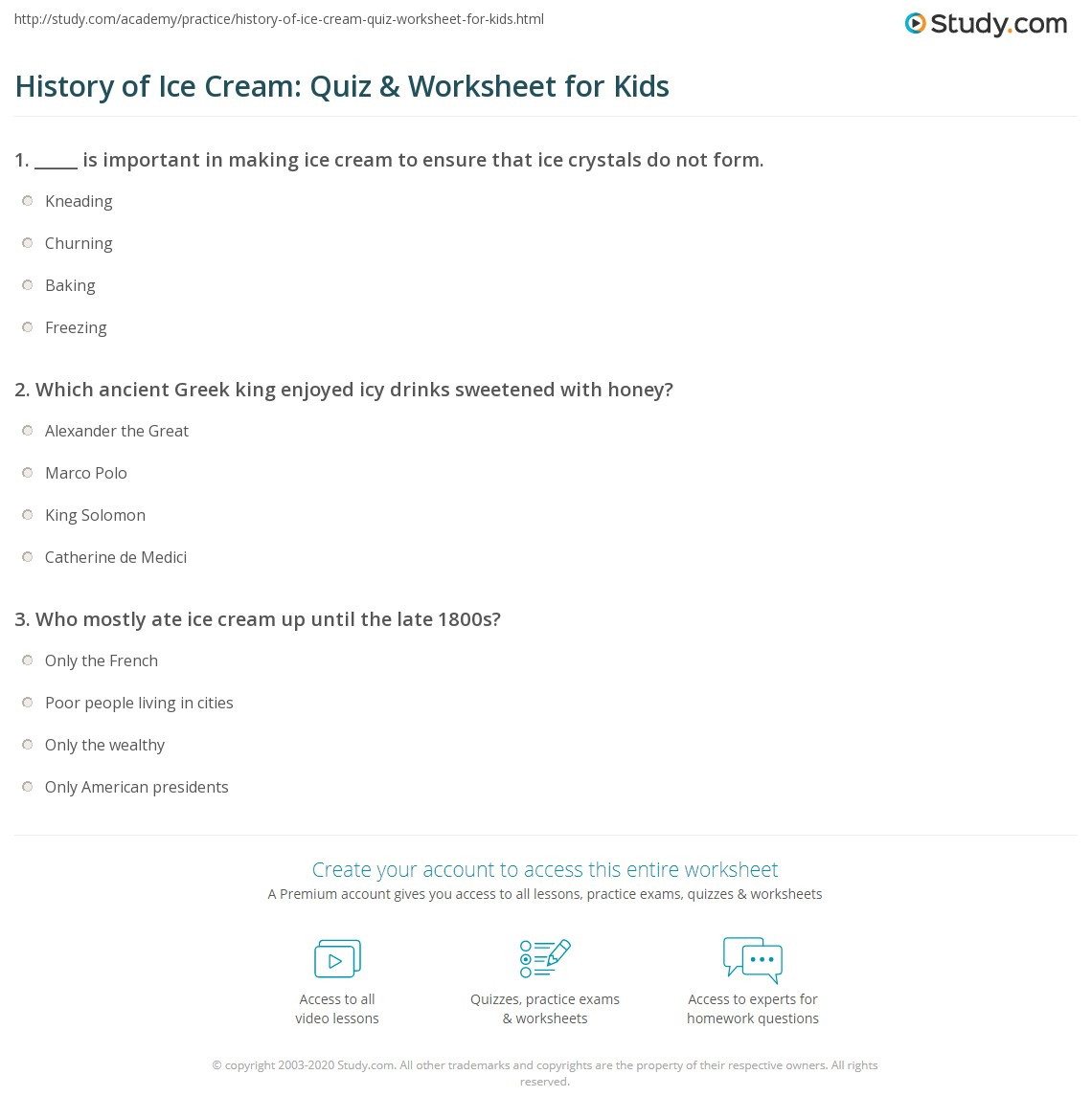 History Of Ice Cream Quiz Worksheet For Kids Study