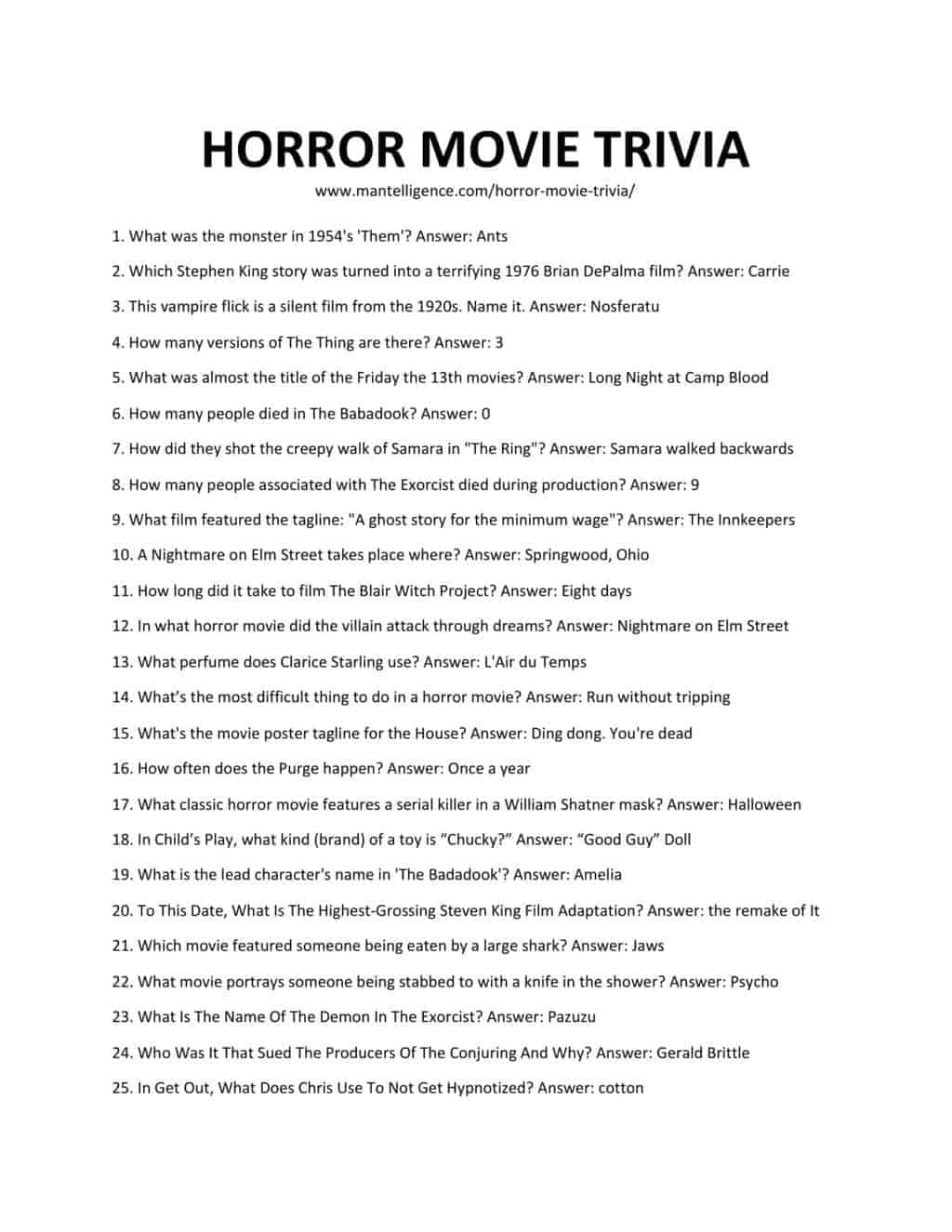 Horror Movie Trivia Questions And Answers Printable