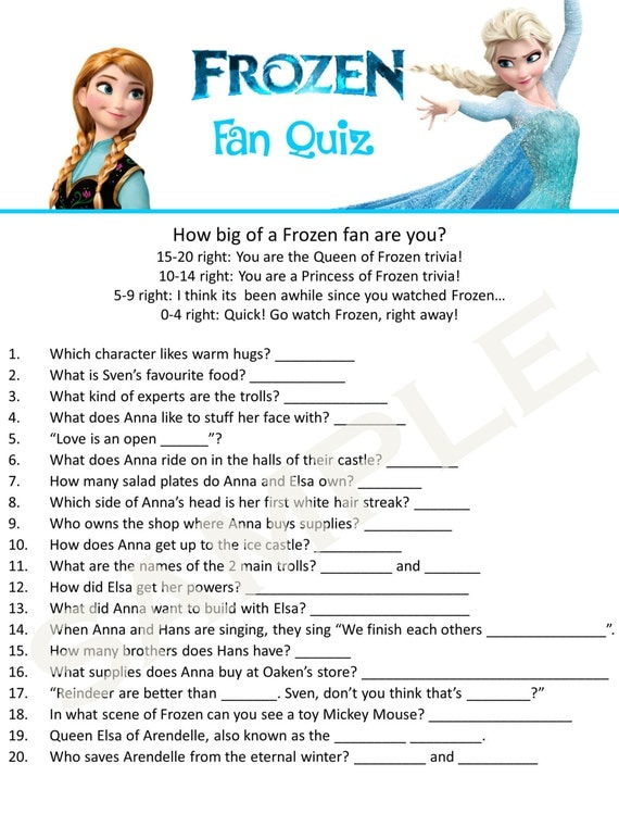 Items Similar To Frozen 20 Question Quiz Answer Sheet Party Activity 