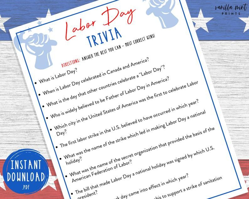 Labor Day Trivia Game Labor Day Printable Games America Etsy When 