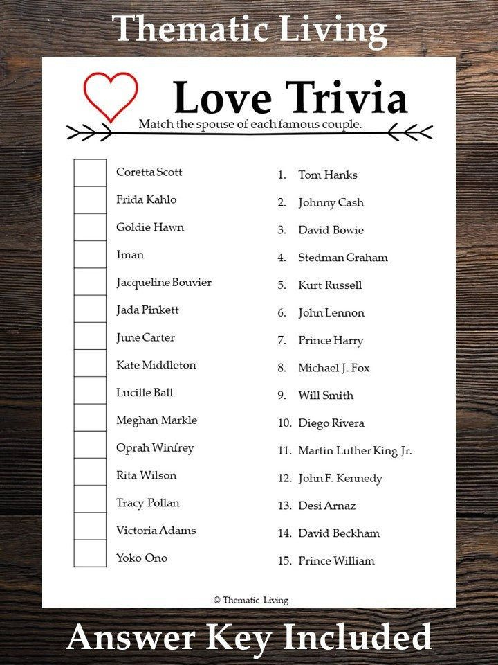 Love Trivia Famous Couple Matching Game Anniversary Valentines 
