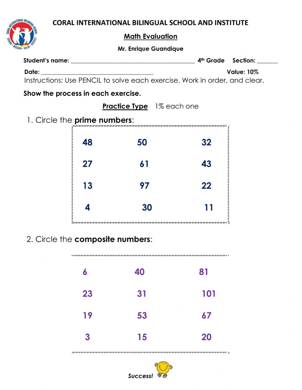 MATH QUIZ 4th GRADE Worksheet