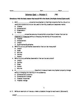 Matter Quiz 1 6th Grade Science Sixth Grade Science