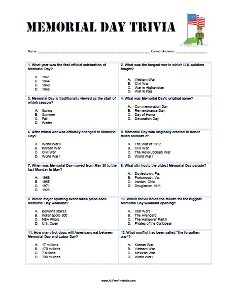 Memorial Day Trivia Questions Printable Printable Questions And Answers