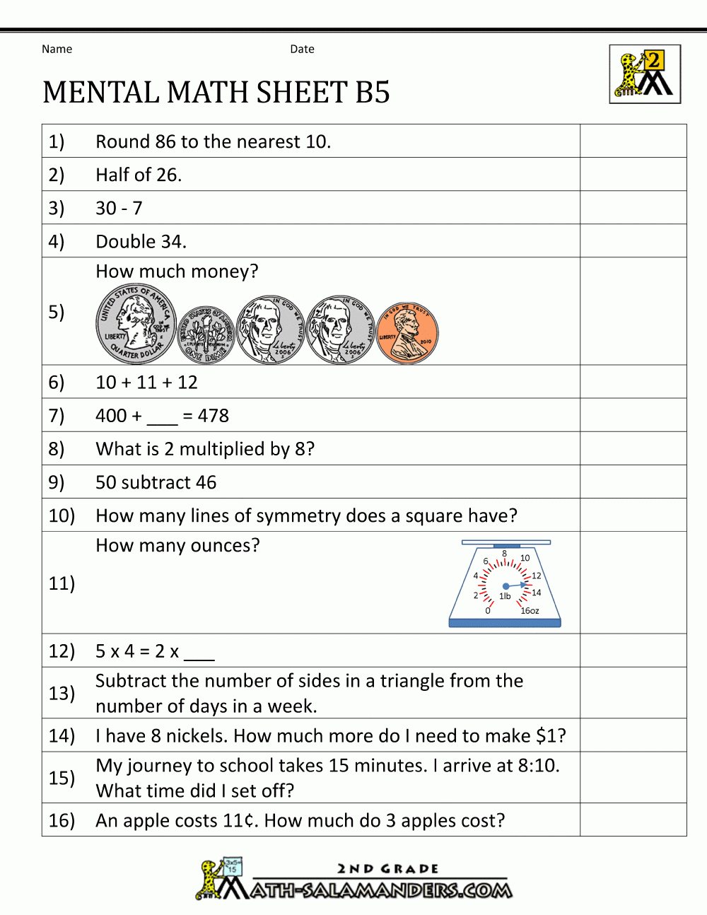 Mental Math 2nd Grade