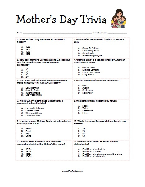 Mother s Day Trivia Free Printable