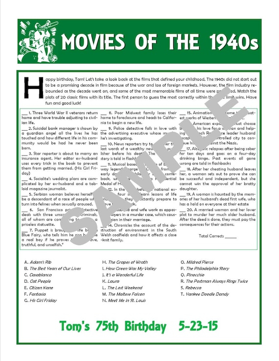 Movies Of The 1940s Printable Matching Game Movie Trivia Etsy
