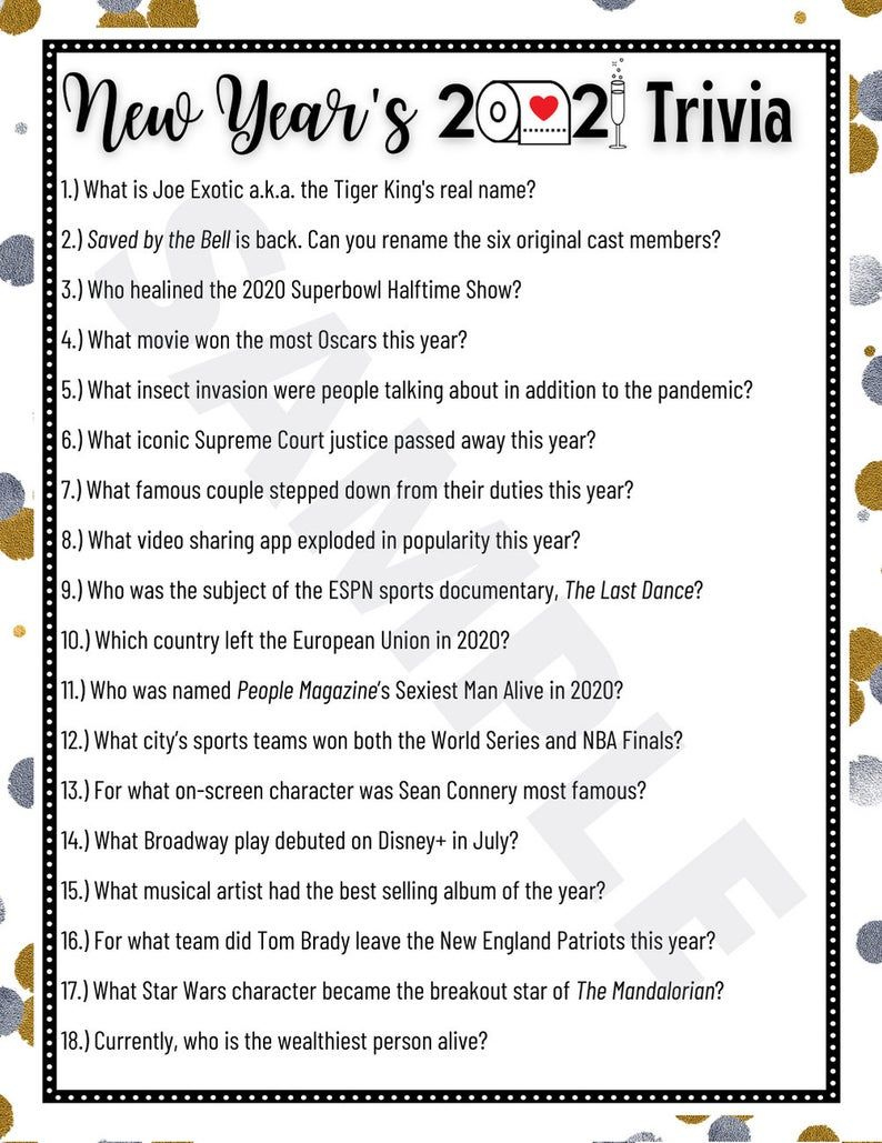 New Years Eve Quiz Questions And Answers Printable