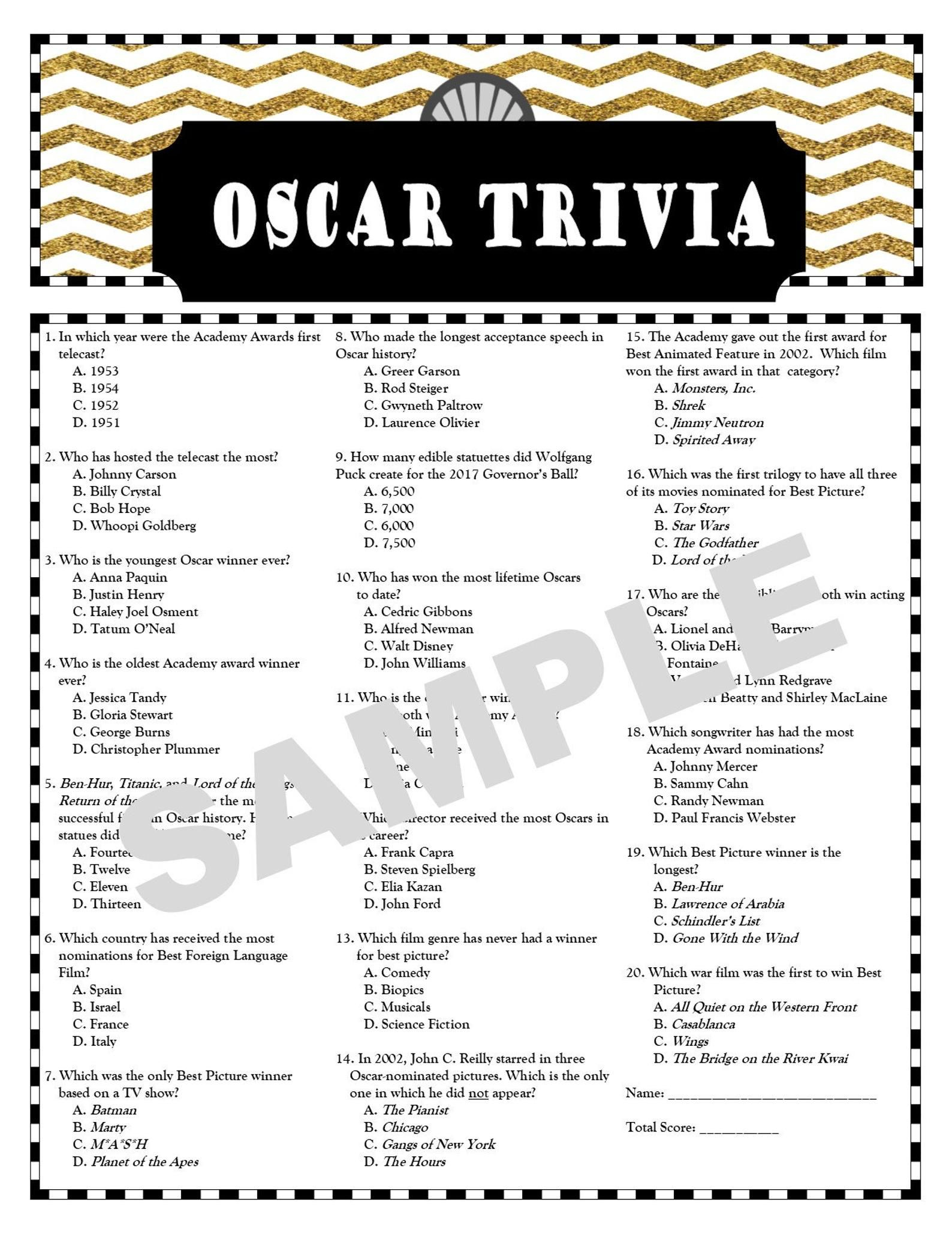 Oscar Trivia Printable Game Academy Awards Movie Trivia Etsy Oscar 