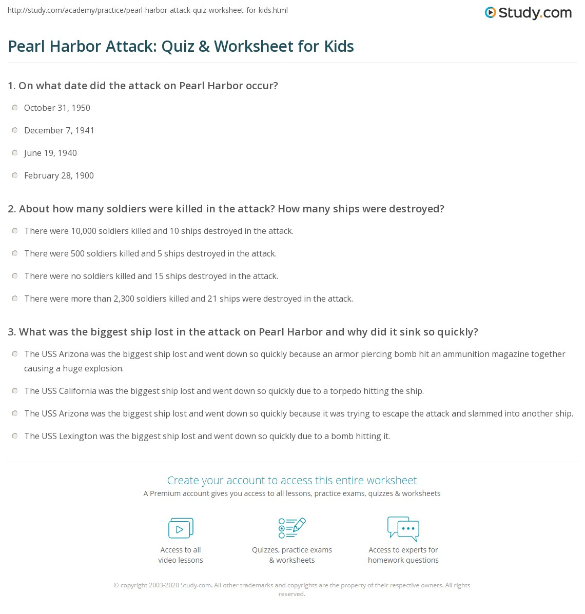 Pearl Harbor Attack Quiz Worksheet For Kids Study