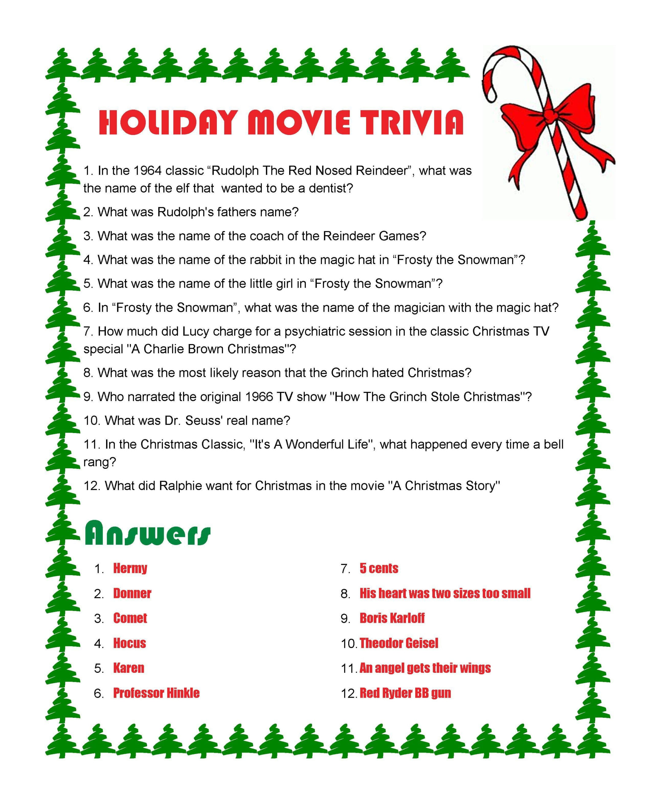 Xmas Christmas Trivia Questions And Answers Printable