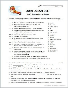 Planet Earth OCEAN DEEP Video Questions Quiz Combo Editable 