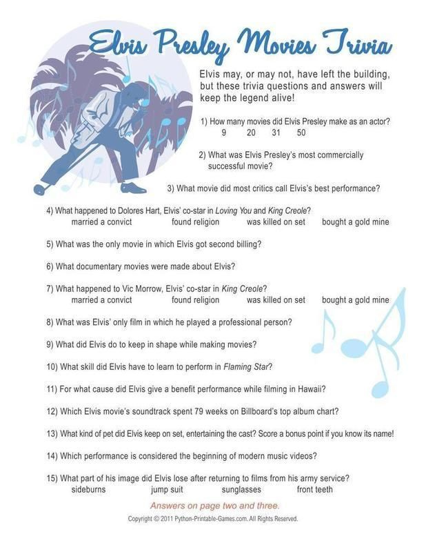 Printable Elvis Presley Trivia Questions And Answers Printable