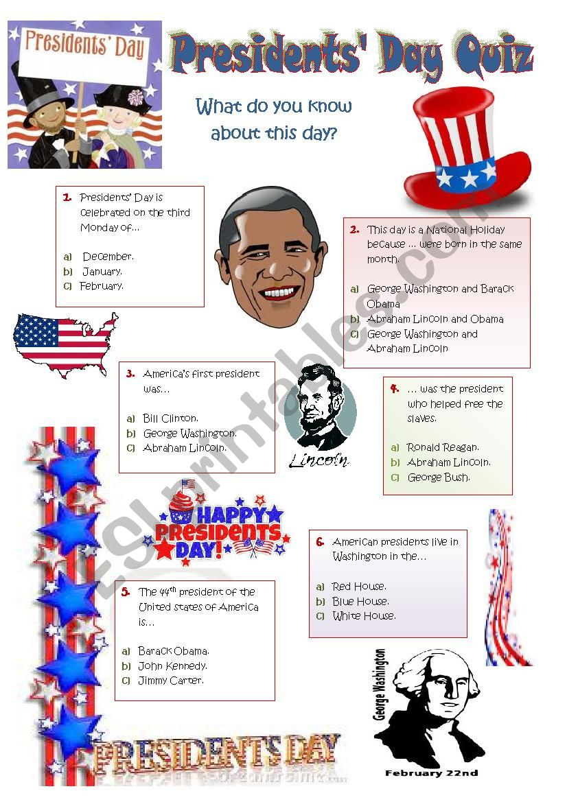 PRESIDENTS DAY 18th February 2013 A Quiz ESL Worksheet By Ticas