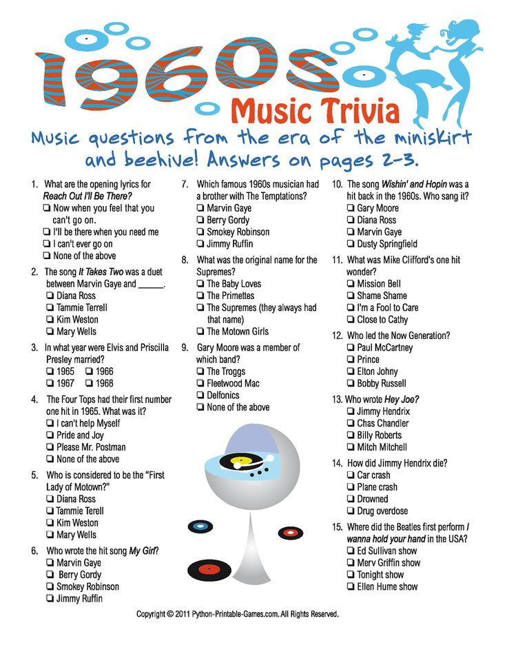 Printable 1960s Trivia Game Birthday Party Games Music Trivia 50th 