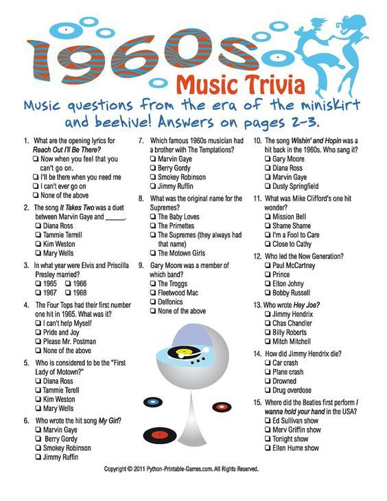 Printable 1960s Trivia Game Music Trivia 60th Birthday Party 