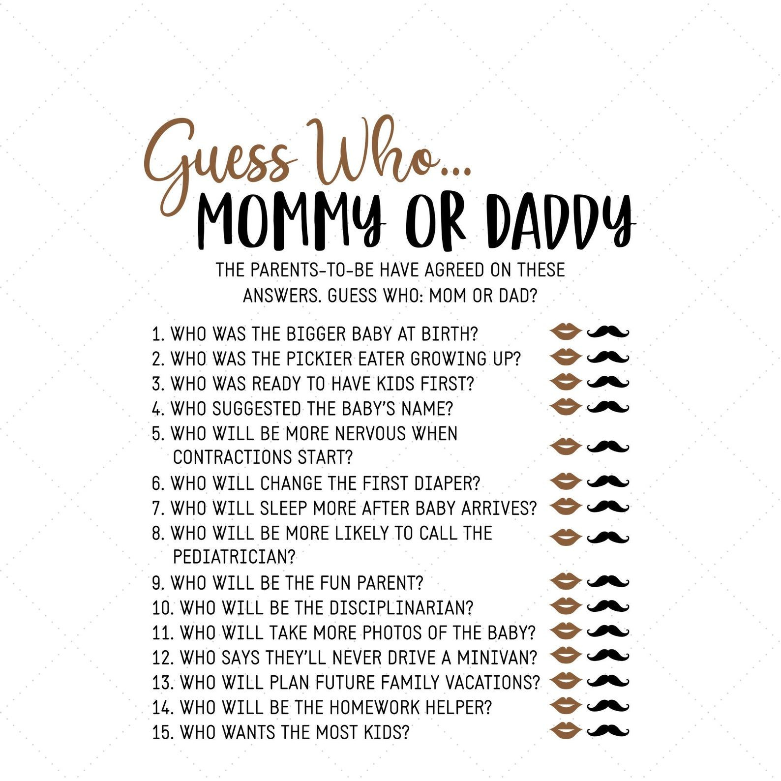 Mom Or Dad Baby Shower Game Questions Free Printable