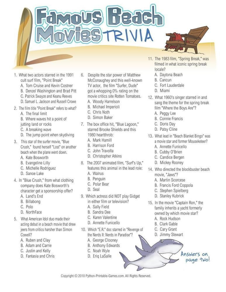 Printable Beach Trivia Questions And Answers Quiz
