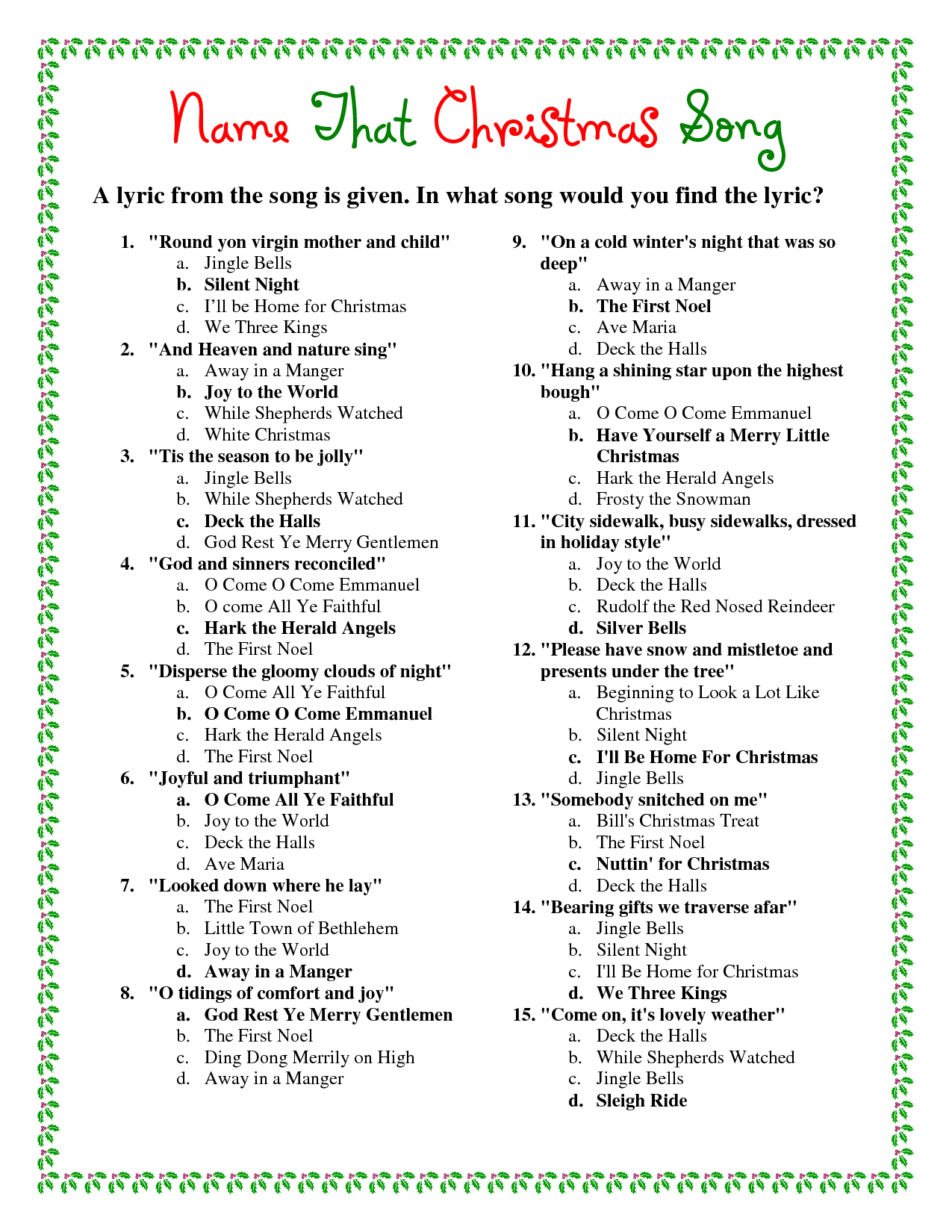 Printable Christmas Song Answers Christmas Song Trivia Christmas