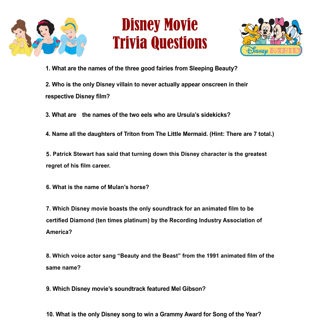 Printable Disney Movie Trivia Questions And Answers