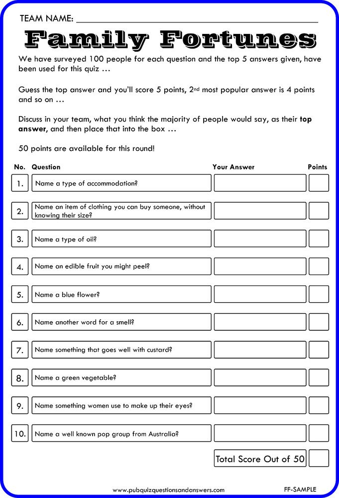 Printable Family Quiz Questions And Answers