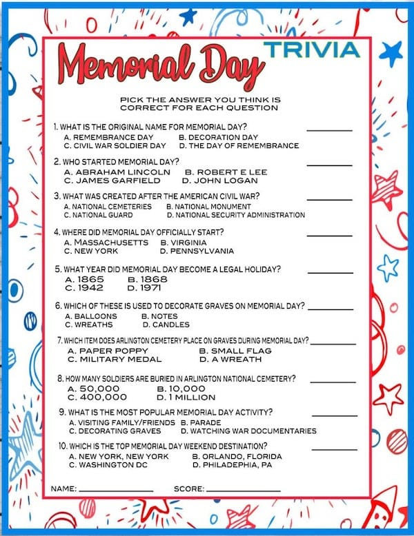Printable Memorial Day Trivia Questions And Answers