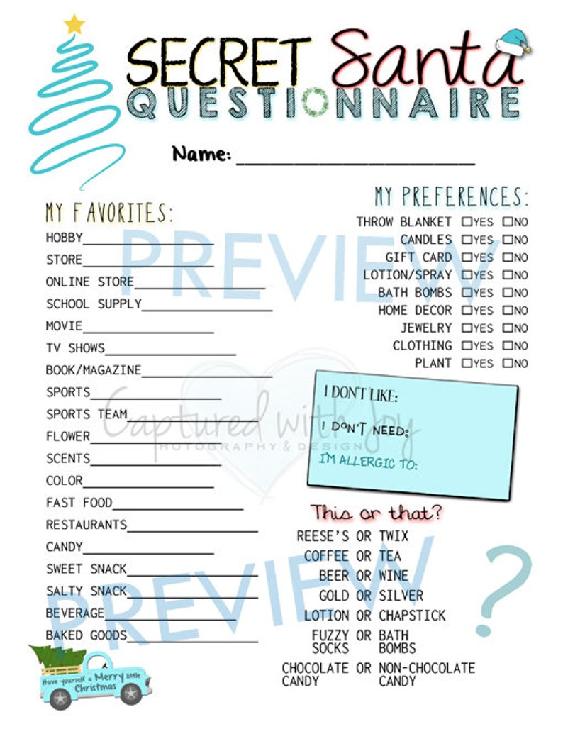 Printable Secret Santa Questionnaire For Gift Exchange Work Etsy