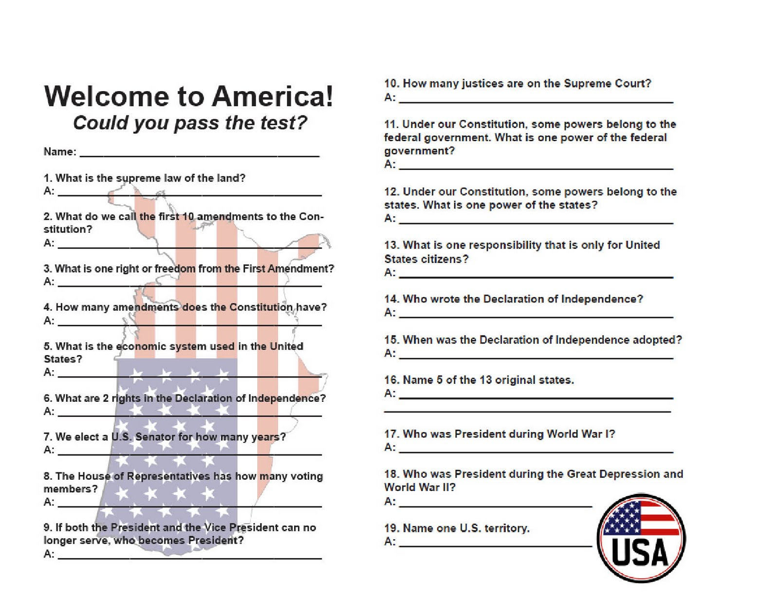 Printable United States Citizenship Test That Are Smart Harper Blog