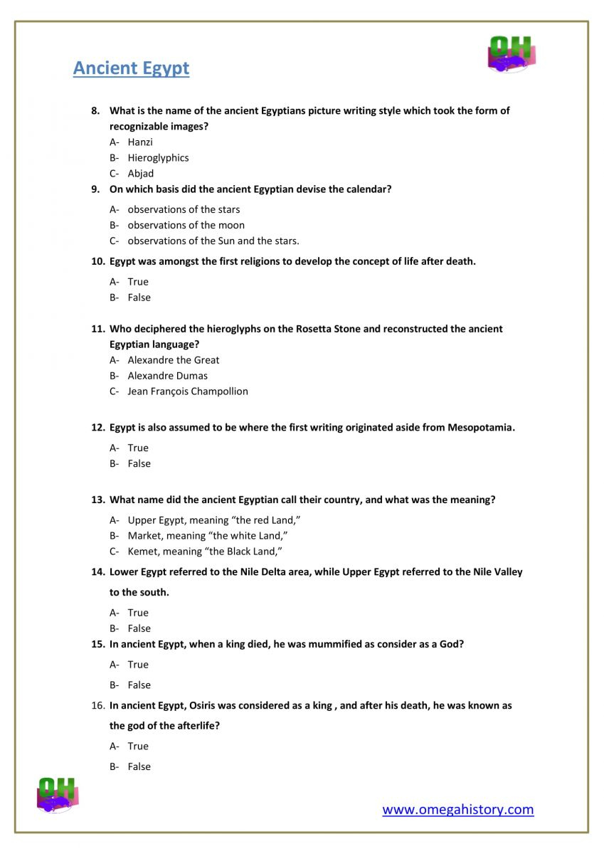 Questions About Ancient Egypt History Answers Worksheets Pdf Www 