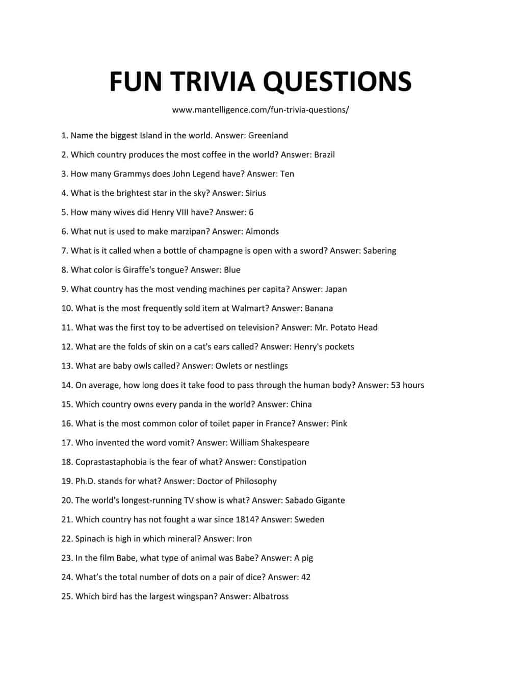 Kids Trivia Questions And Answers Printable Printable Questions And 