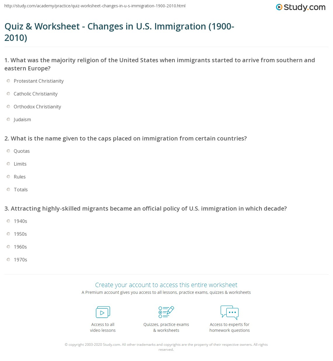 Quiz Worksheet Changes In U S Immigration 1900 2010 Study